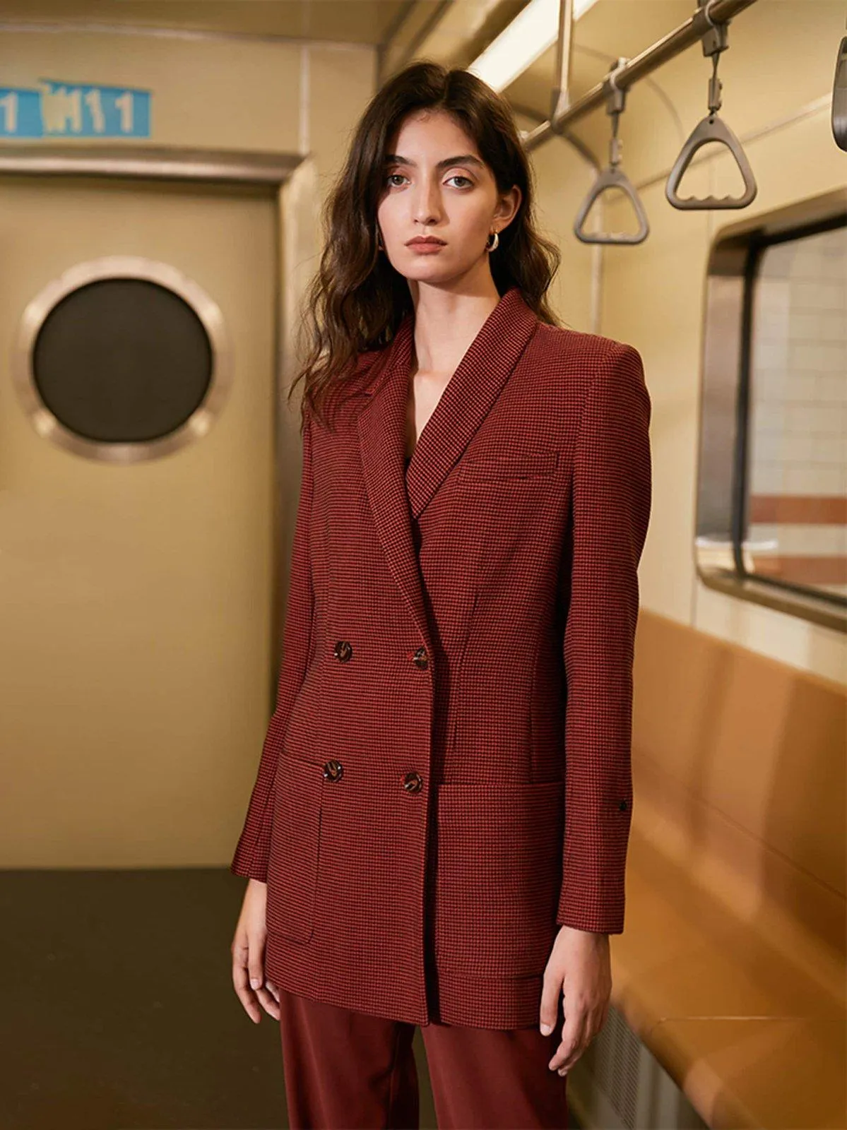 Claret Asymmetric Collar Blazer & Pants Suit Set