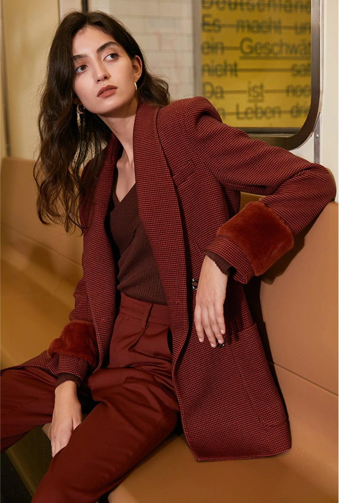 Claret Asymmetric Collar Blazer & Pants Suit Set