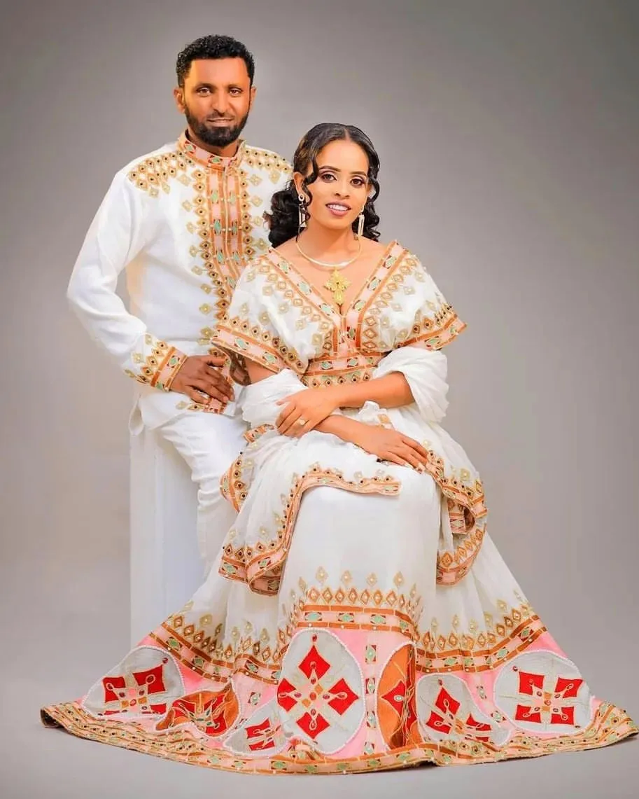 Colorful Modern Ethiopian Outfit: Stylish Habesha Couples Outfit for Weddings