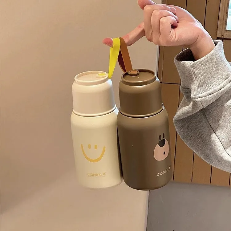 COMIKA Cute Thermal Bottle – Adorable Leakproof Insulated Bottle with Smiley Face and Bear Motifs