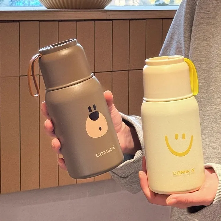 COMIKA Cute Thermal Bottle – Adorable Leakproof Insulated Bottle with Smiley Face and Bear Motifs