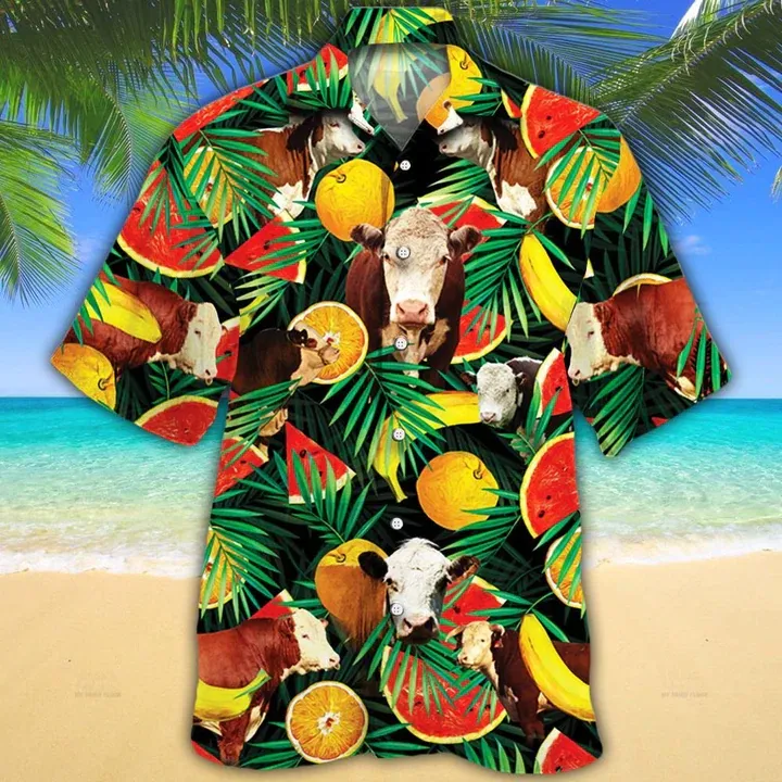 Cow hawaiian shirt for Men, Women - Hereford Cattle Lovers Tropical Fruits Hawaiian Shirt