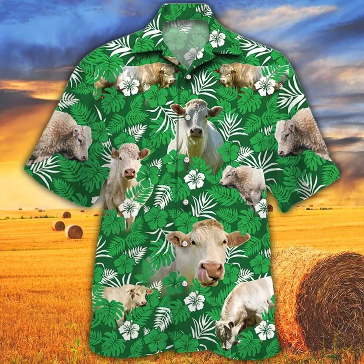 Cow Hawaiian Shirts for Men Women - Charolais Cattle Lovers Green Floral Pattern Hawaiian Shirt