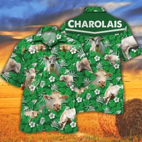 Cow Hawaiian Shirts for Men Women - Charolais Cattle Lovers Green Floral Pattern Hawaiian Shirt