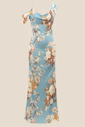 Cowl Neck Blue Floral Print Mermaid Long Dress