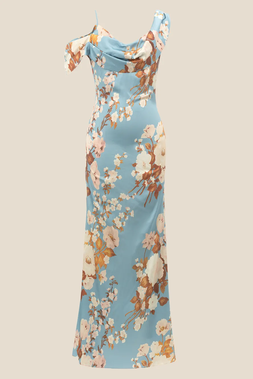 Cowl Neck Blue Floral Print Mermaid Long Dress