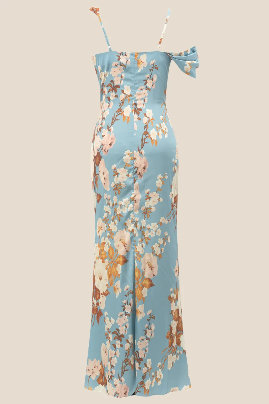 Cowl Neck Blue Floral Print Mermaid Long Dress