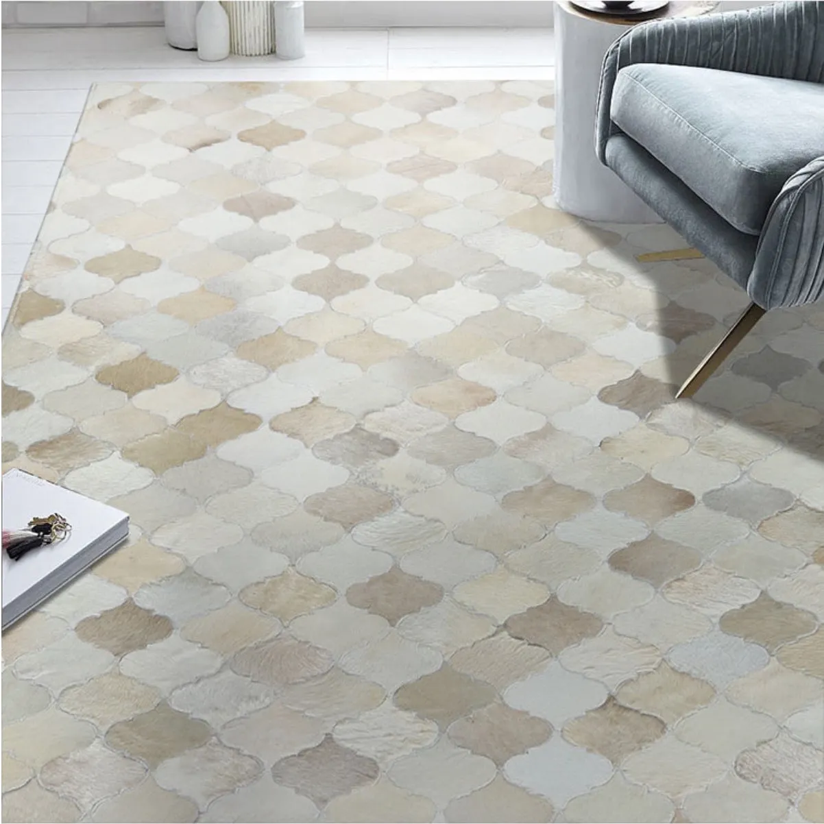 Cream and Fawn Patchwork Cowhide Rug