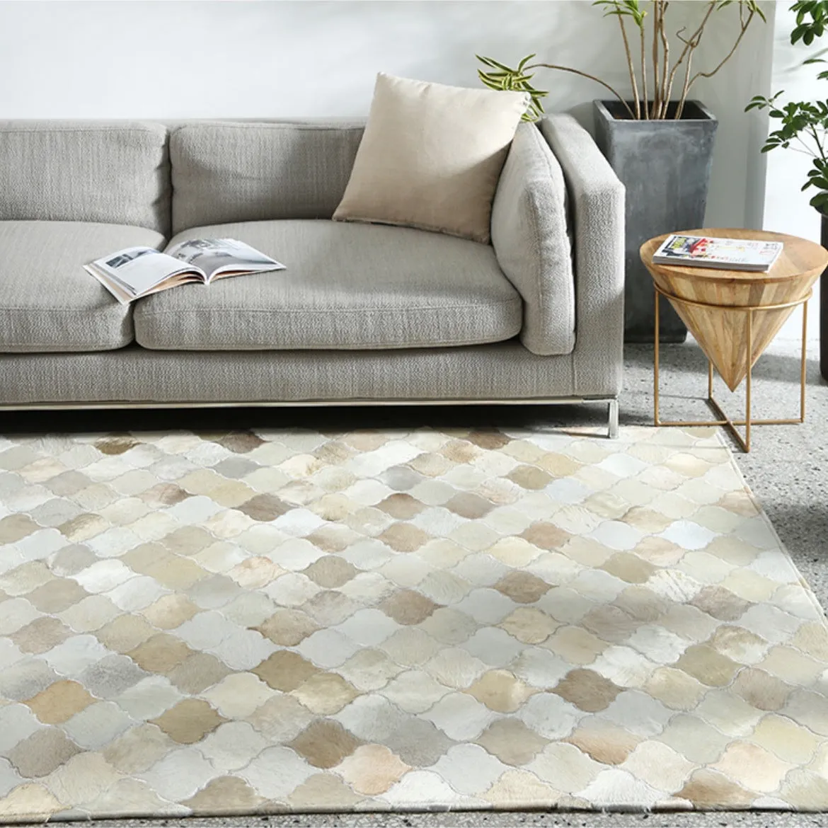 Cream and Fawn Patchwork Cowhide Rug