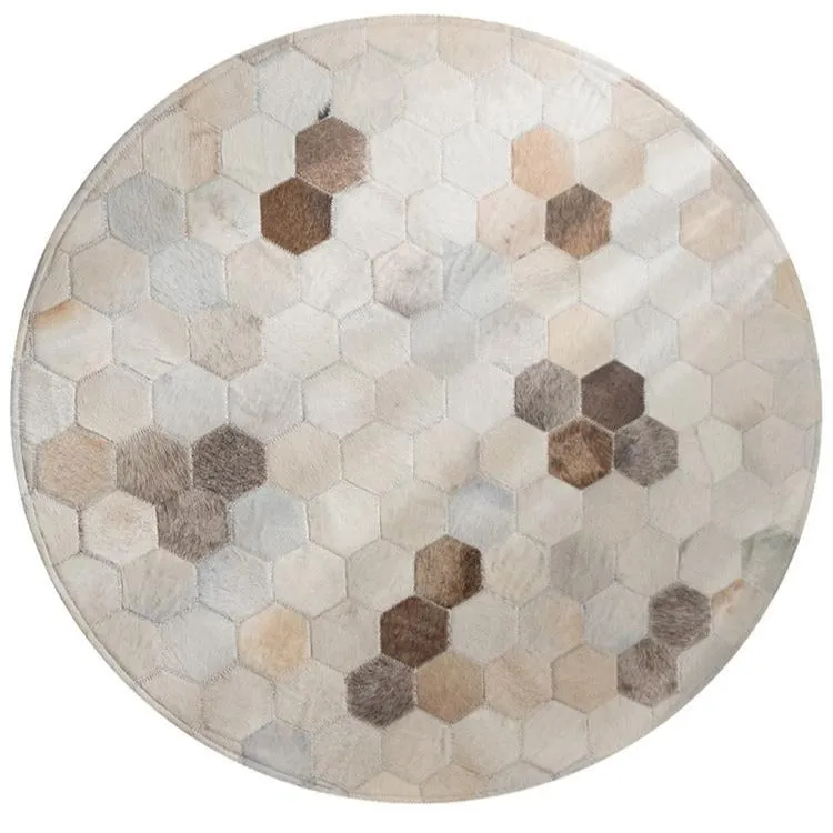 Cream Honeycomb Round Patchwork Hide Rug