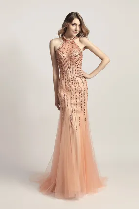 Elegant Halter Beaded Long Evening Prom Dress