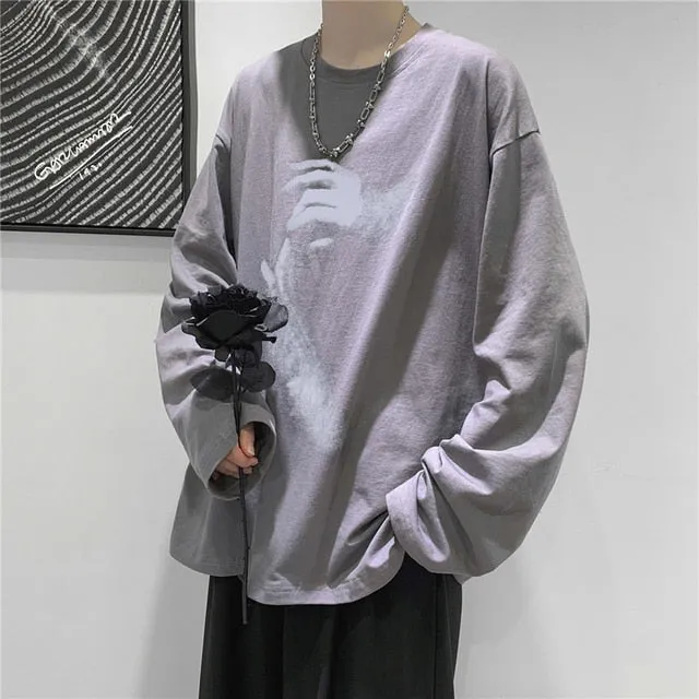 Fall Long Sleeve T-Shirt Fashion Loose Ulzzang Print Tops Hip Hop Oversized T Shirts Men Clothing Korean Style Clothes