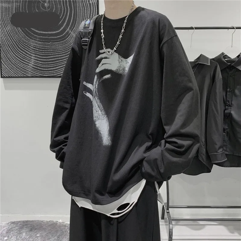 Fall Long Sleeve T-Shirt Fashion Loose Ulzzang Print Tops Hip Hop Oversized T Shirts Men Clothing Korean Style Clothes