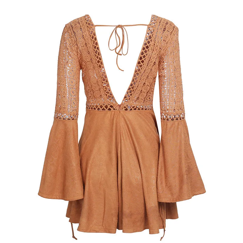 Flare Sleeve Suede Boho Dress