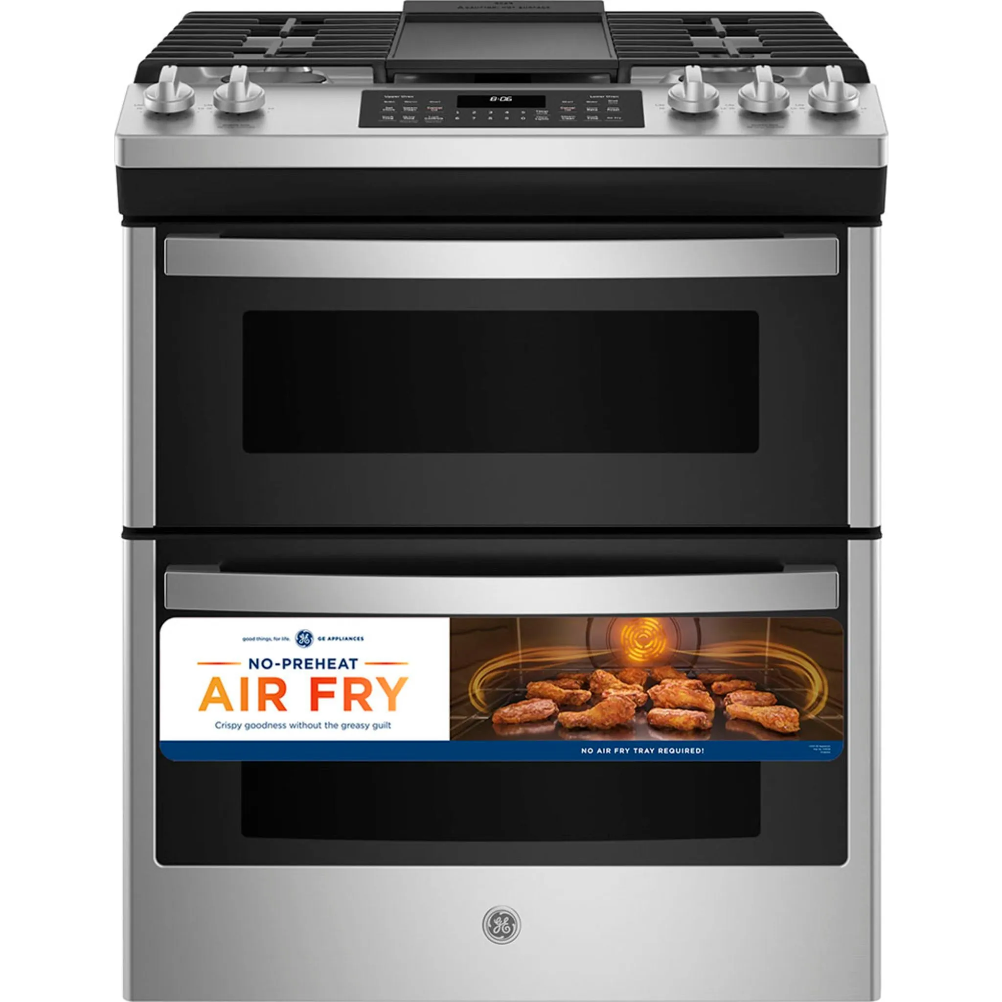 GE® 30" Slide-In Gas Double Oven Range with No Preheat Air Fry Stainless Steel - JCGSS86SPSS