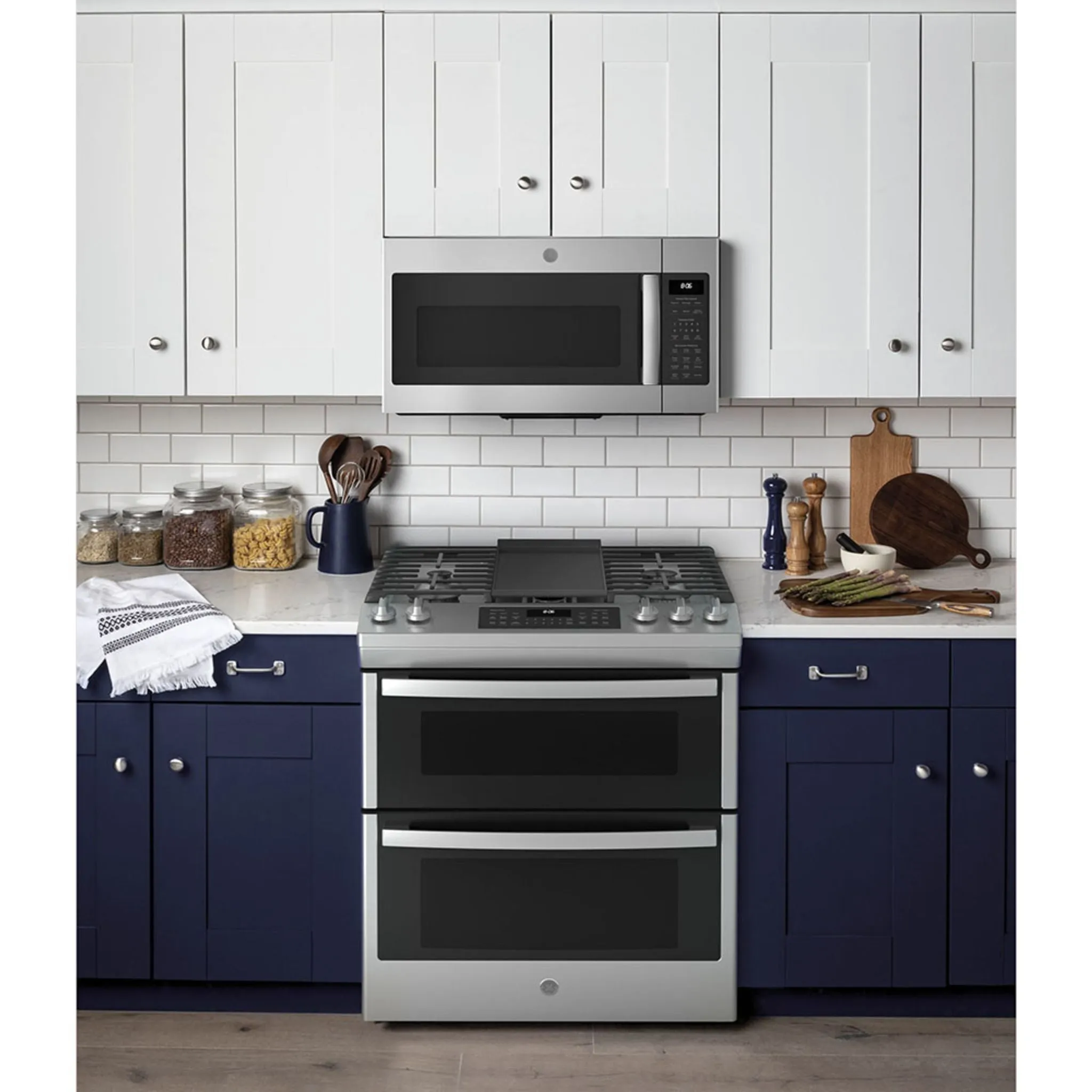 GE® 30" Slide-In Gas Double Oven Range with No Preheat Air Fry Stainless Steel - JCGSS86SPSS