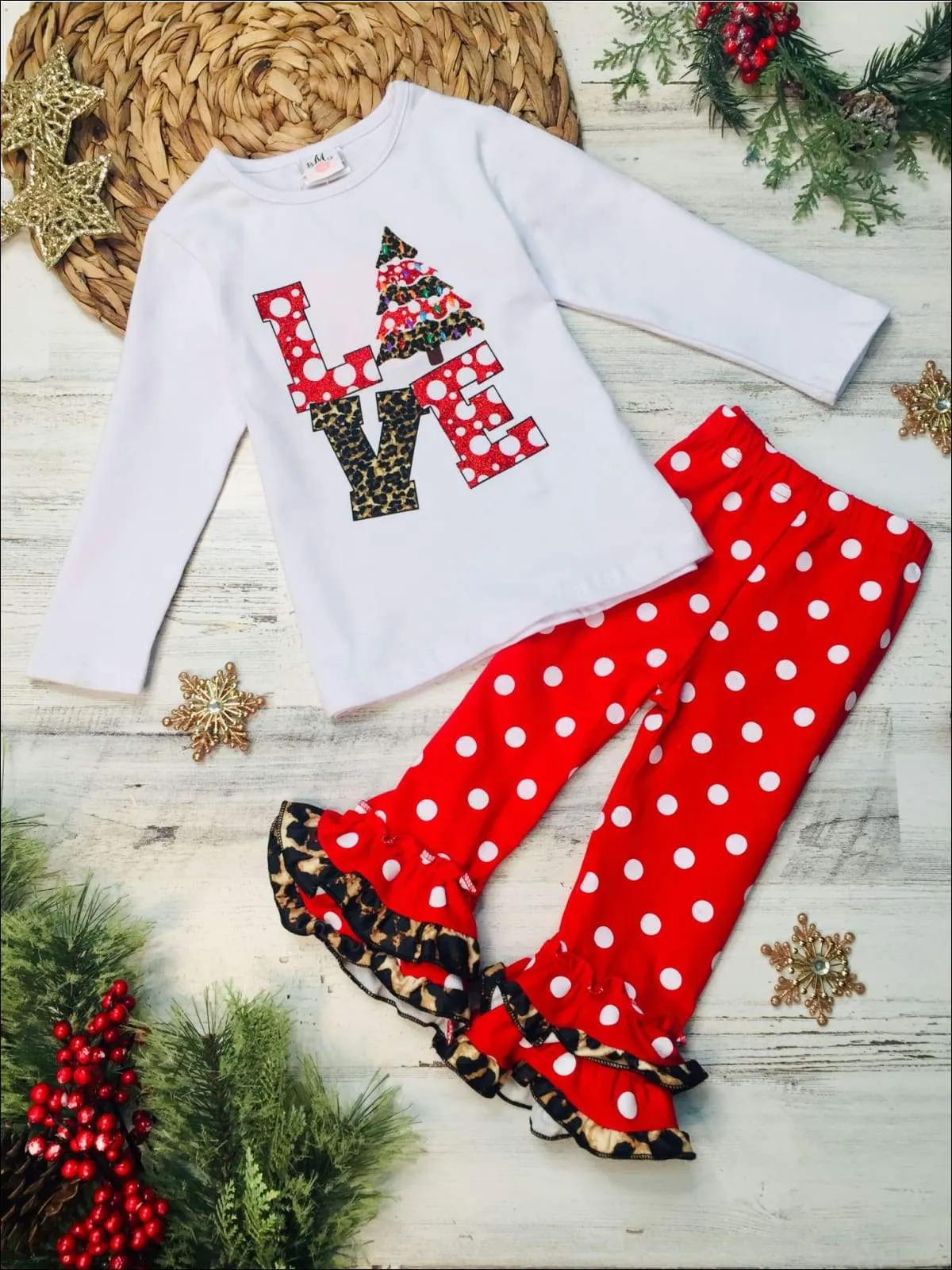 Girls "Love" Christmas Tree Top and Ruffled Leggings Set