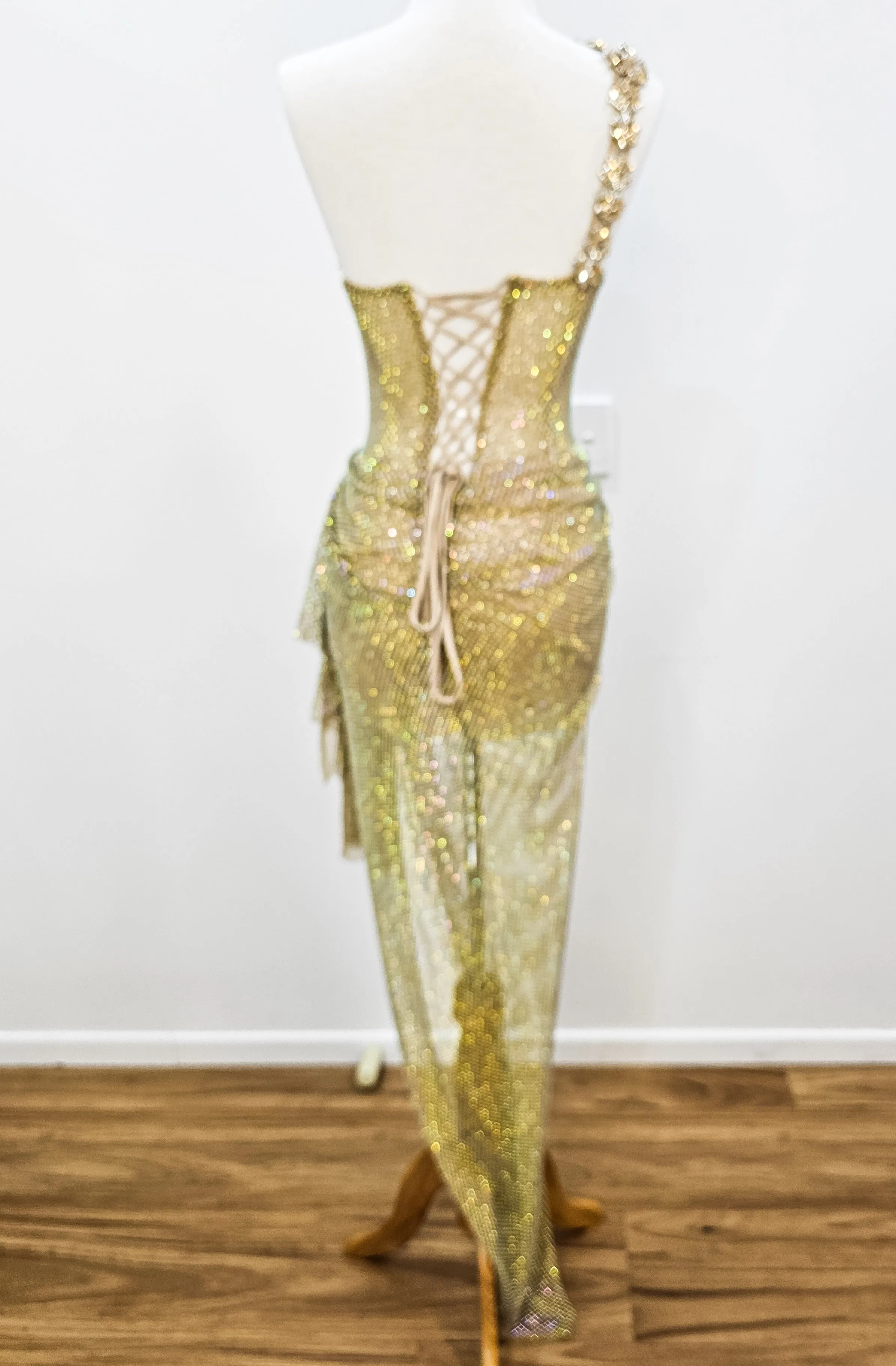 Gold mesh ruching top with lace up back dress with crystal gold strap details for hire