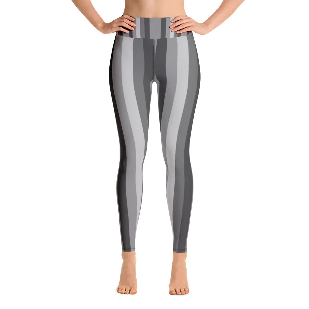 Gray Stripe Women's Leggings, Active Wear Best Long Yoga Barre Pants-Made in USA/EU