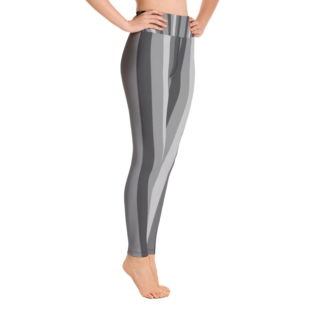 Gray Stripe Women's Leggings, Active Wear Best Long Yoga Barre Pants-Made in USA/EU