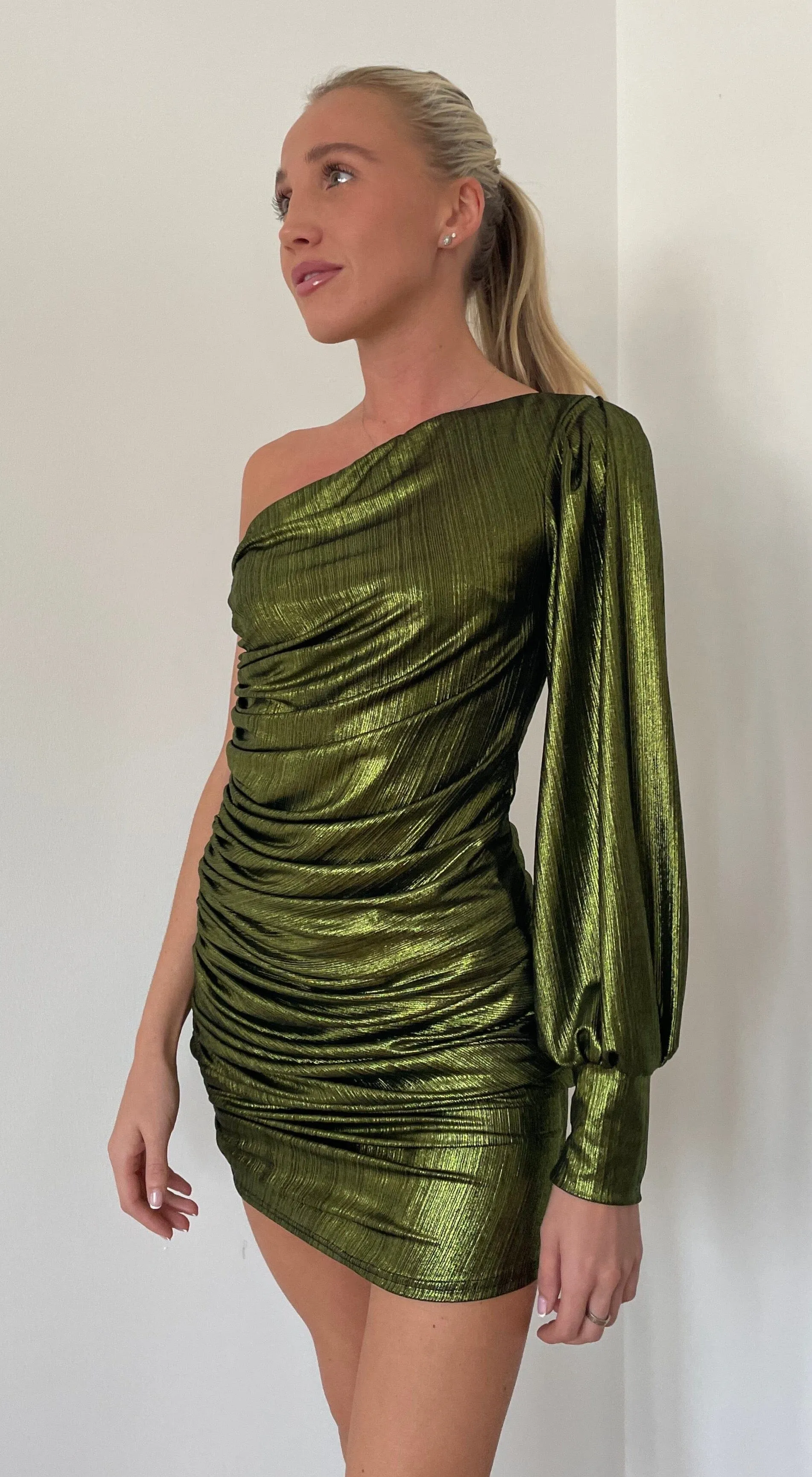 Green Ruch Metallic Foil Dress