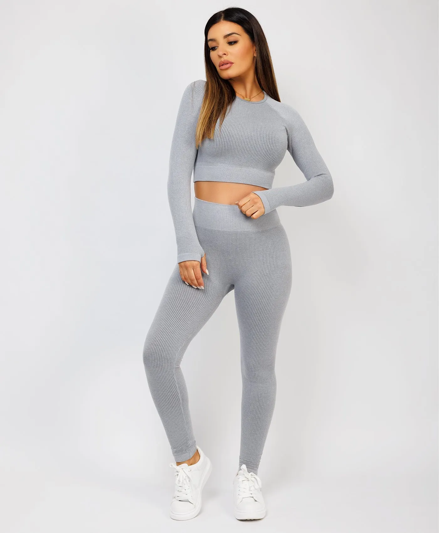 Grey Strechy Ribbed Cropped High Waist Tracksuit Set