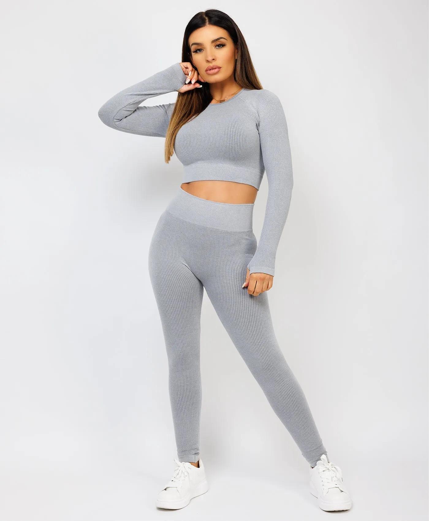 Grey Strechy Ribbed Cropped High Waist Tracksuit Set