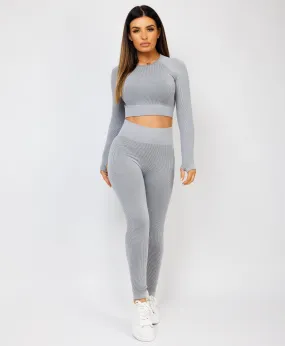 Grey Strechy Ribbed Cropped High Waist Tracksuit Set