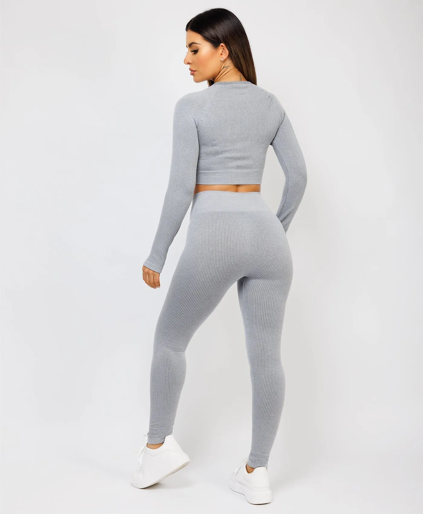 Grey Strechy Ribbed Cropped High Waist Tracksuit Set