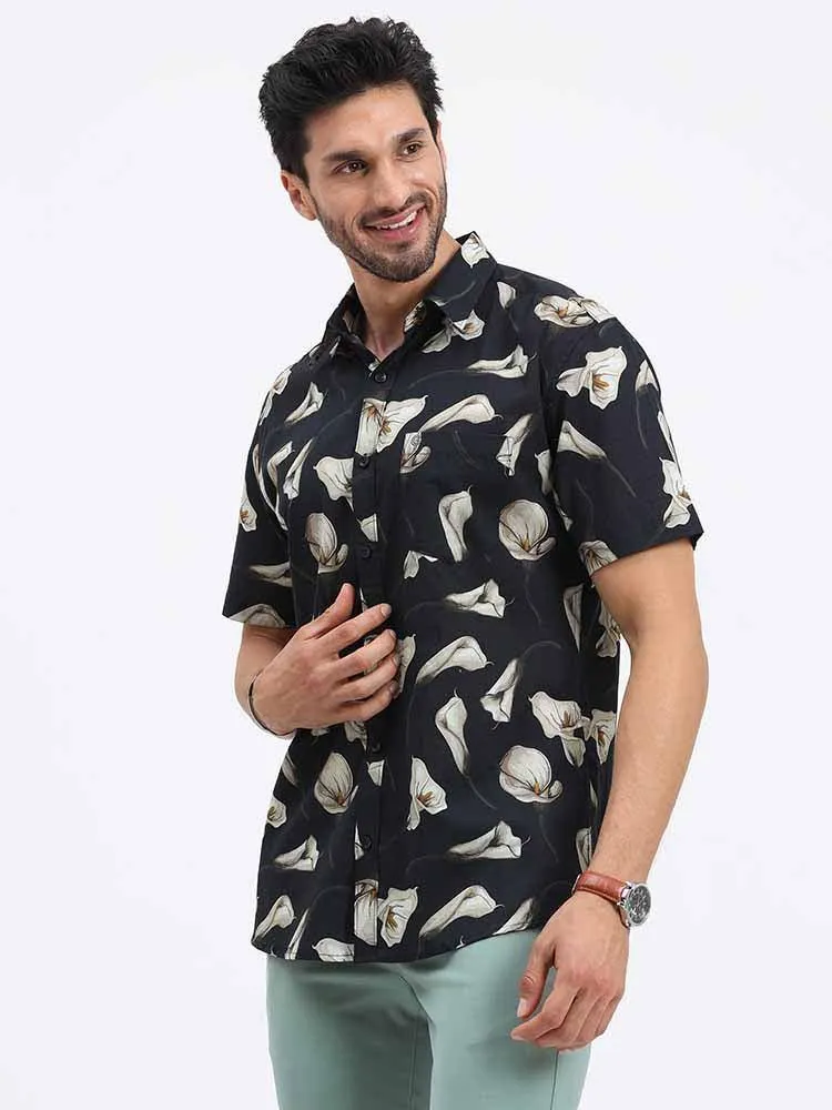 Heavenly Flower on Black Sky Printed Half Sleeve Shirt