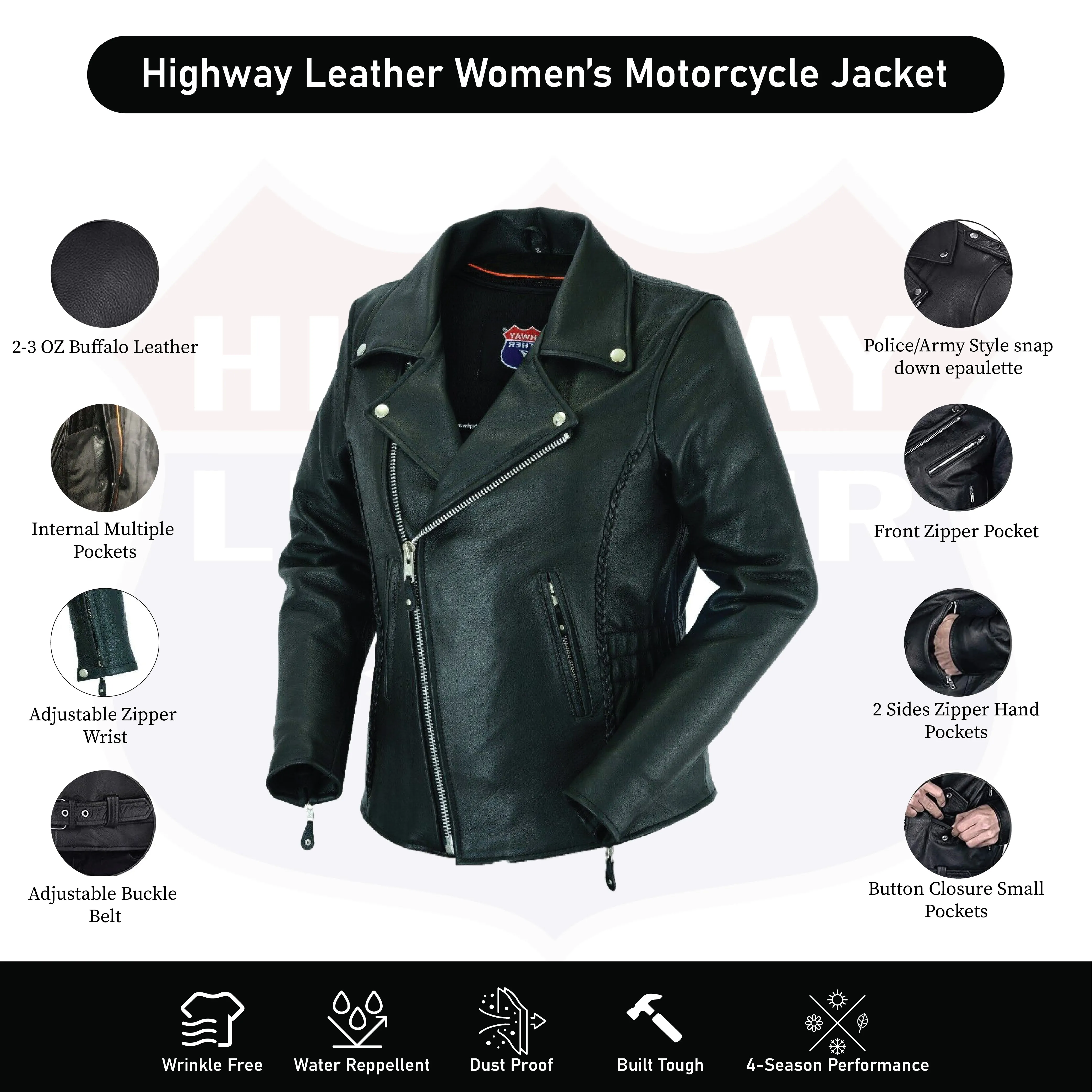 HL13103 Braided Women's Full Length Motorcycle Jacket with Side Stretch Gun Pocket