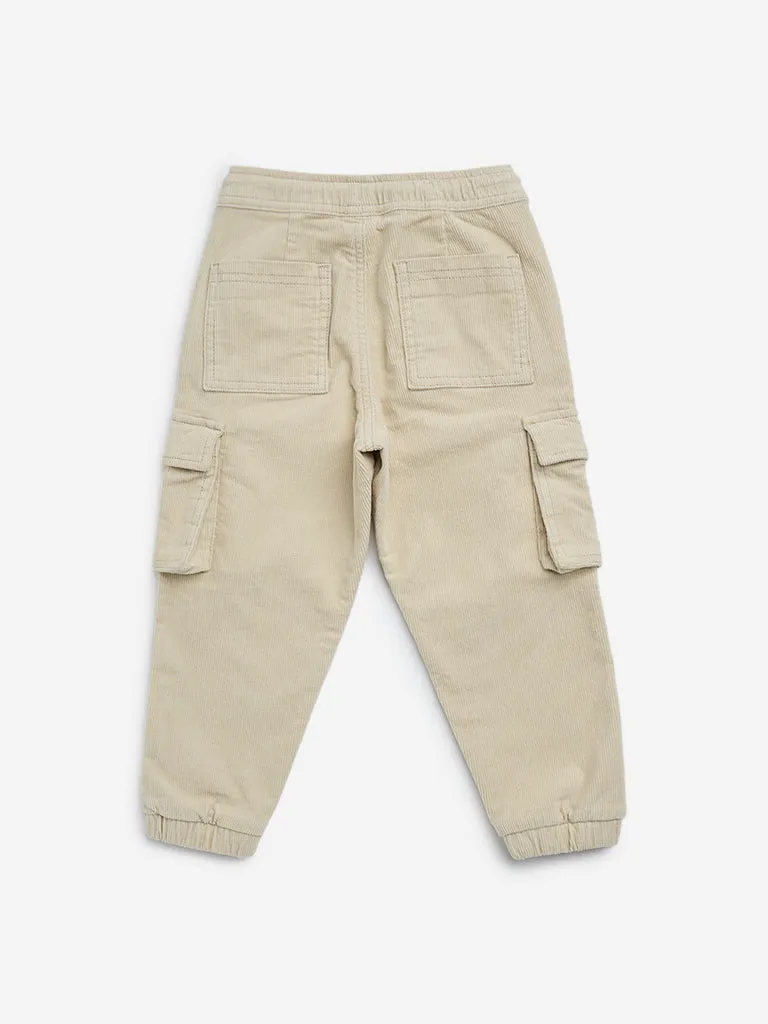 HOP Kids Beige Cargo-Style Corduroy Mid-Rise Cotton Blend Joggers