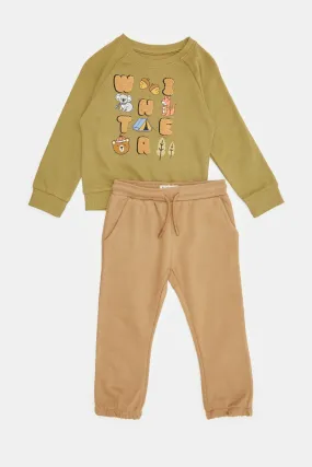 Infant Boys Green And Brown Printed Jogging Suit (2 Piece)