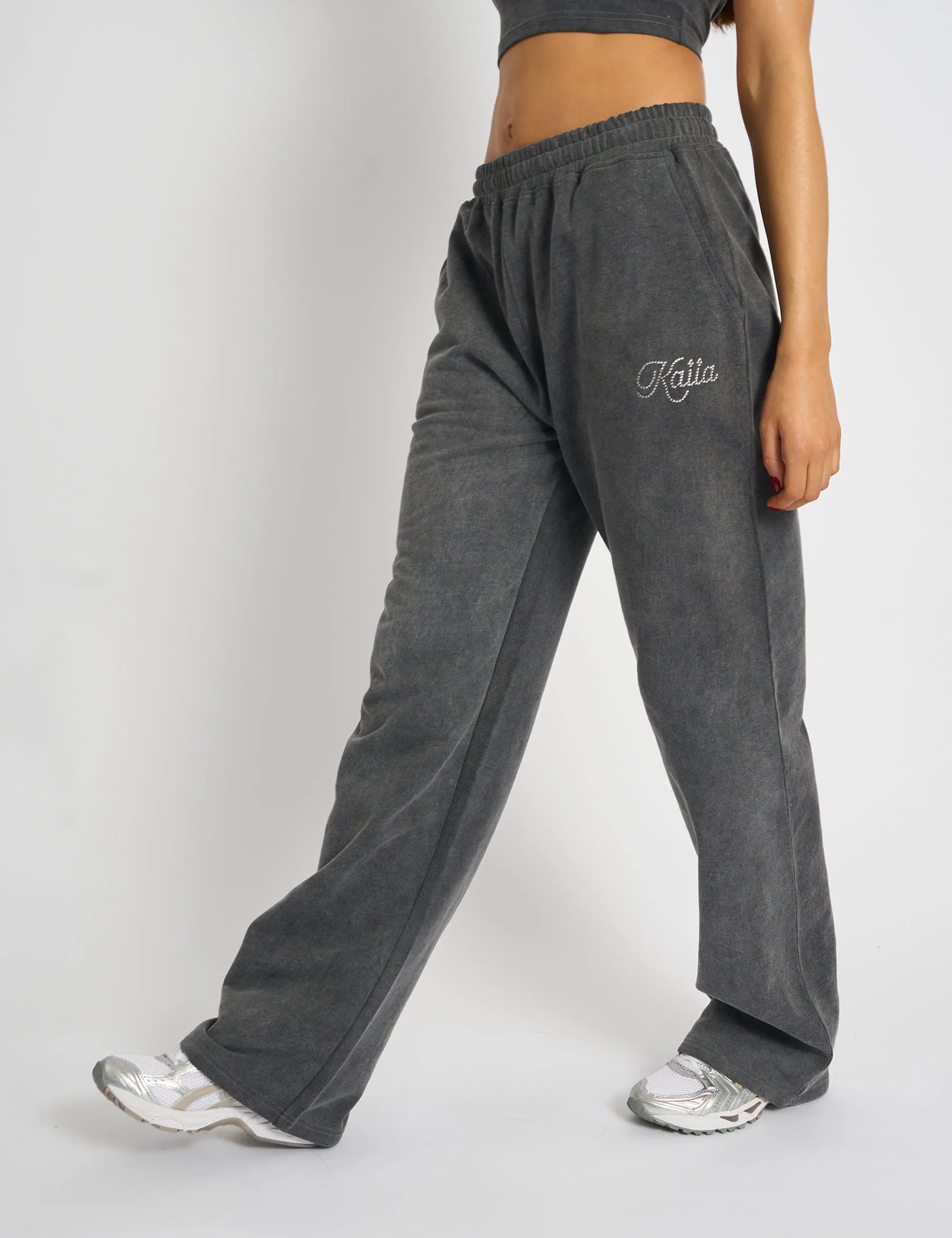 Kaiia Studio Diamante Acid Wash Wide Leg Joggers Dark Grey