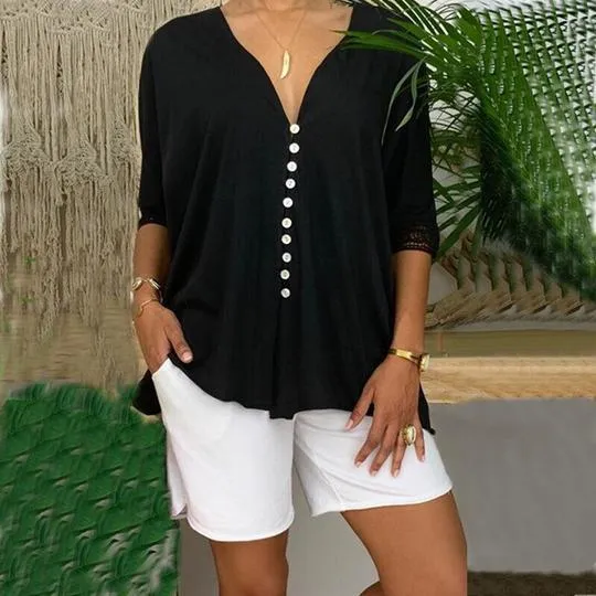 Ladies Lace V-neck Button Top