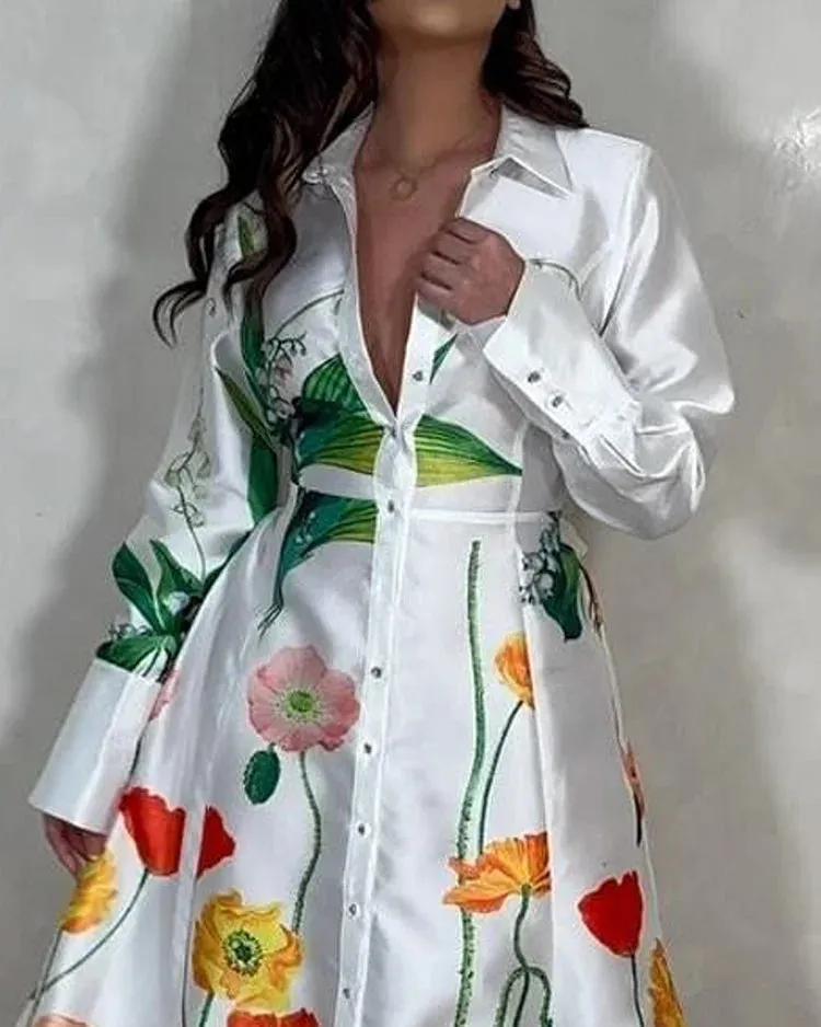 LAPEL LONG SLEEVE PRINTED CARDIGAN DRESS