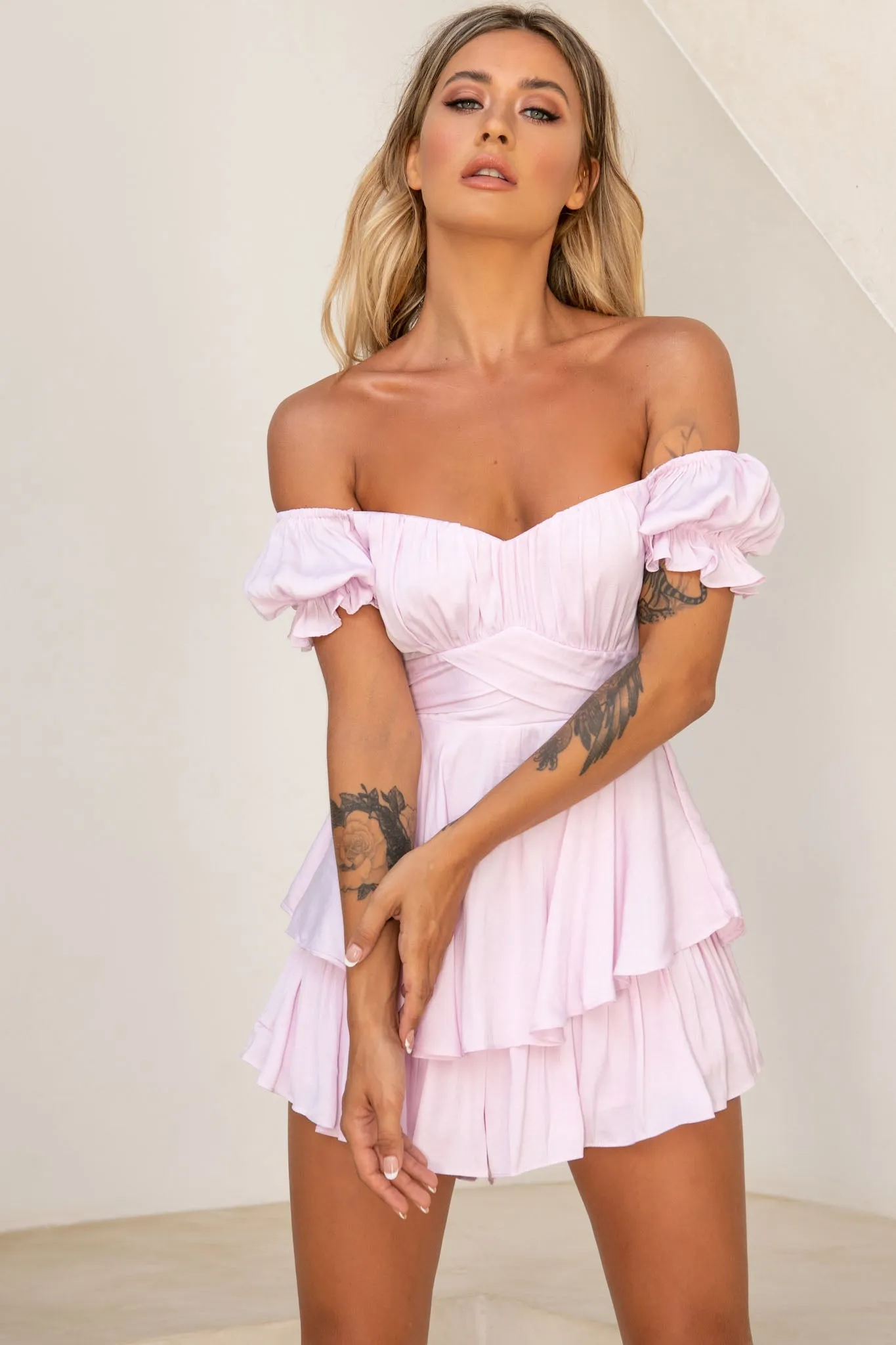 Linka Off-Shoulder Tie Back Romper Light Lilac