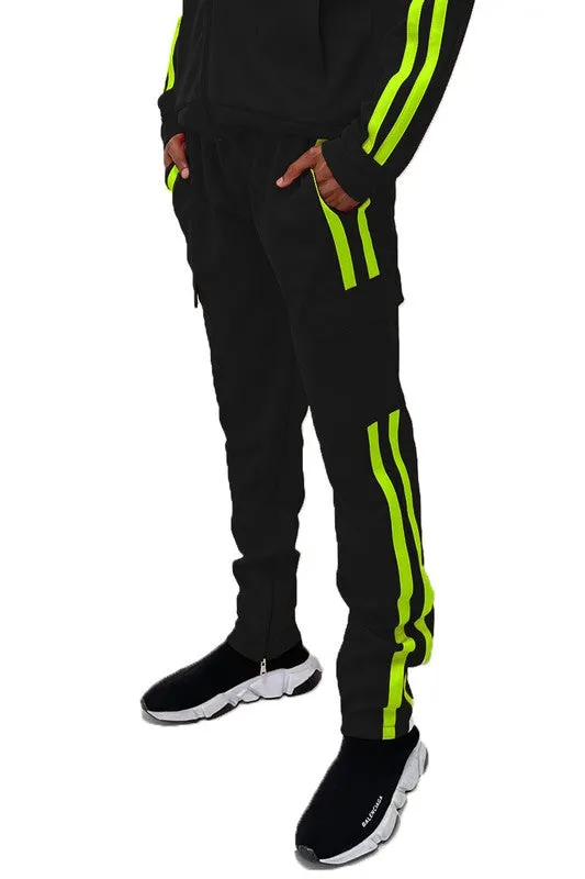 Mens Black Two Stripe Cargo Set Pants Jacket