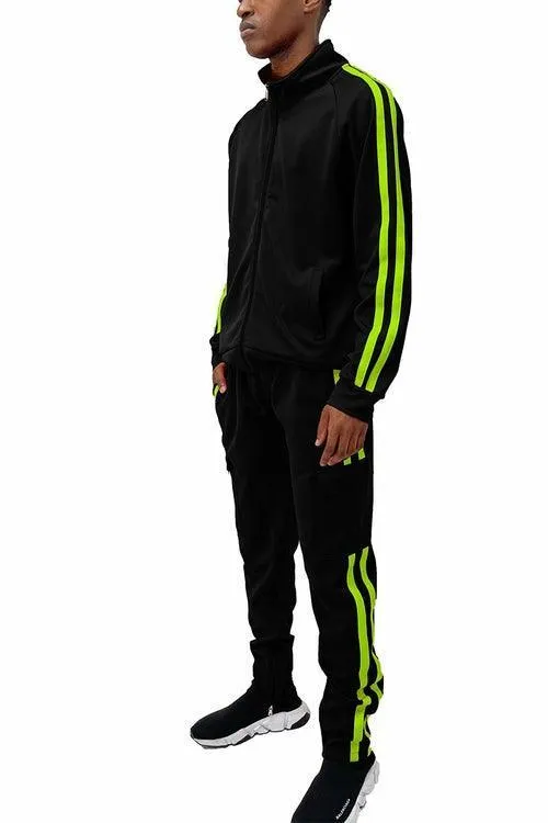 Mens Black Two Stripe Cargo Set Pants Jacket