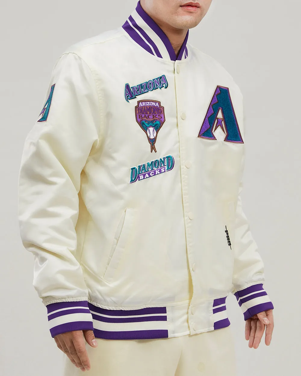 MLB ARIZONA DIAMONDBACKS RETRO CLASSIC MEN'S RIB SATIN JACKET (EGGSHELL/ PURPLE)