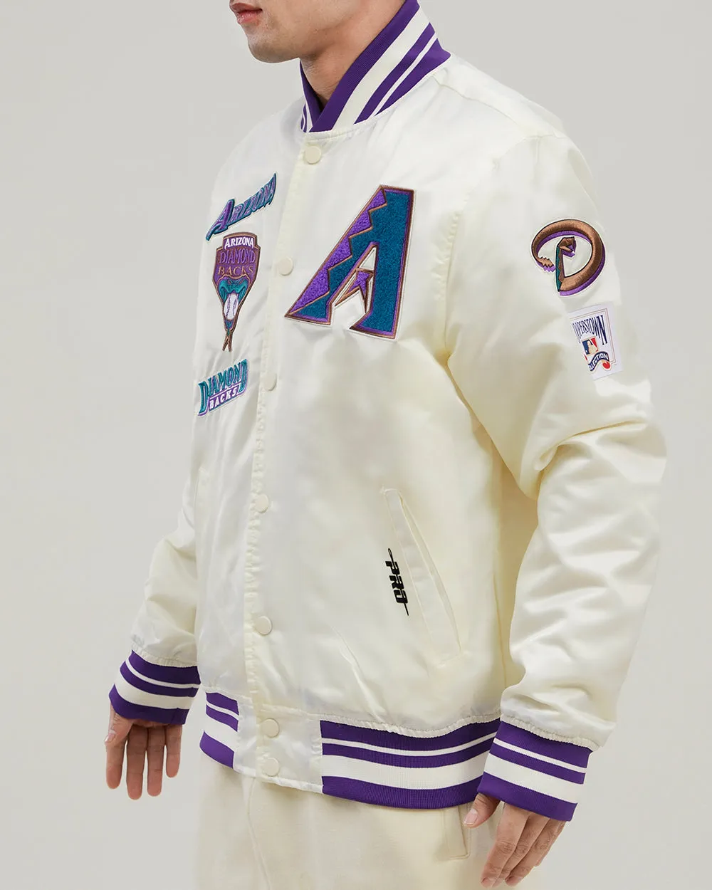 MLB ARIZONA DIAMONDBACKS RETRO CLASSIC MEN'S RIB SATIN JACKET (EGGSHELL/ PURPLE)