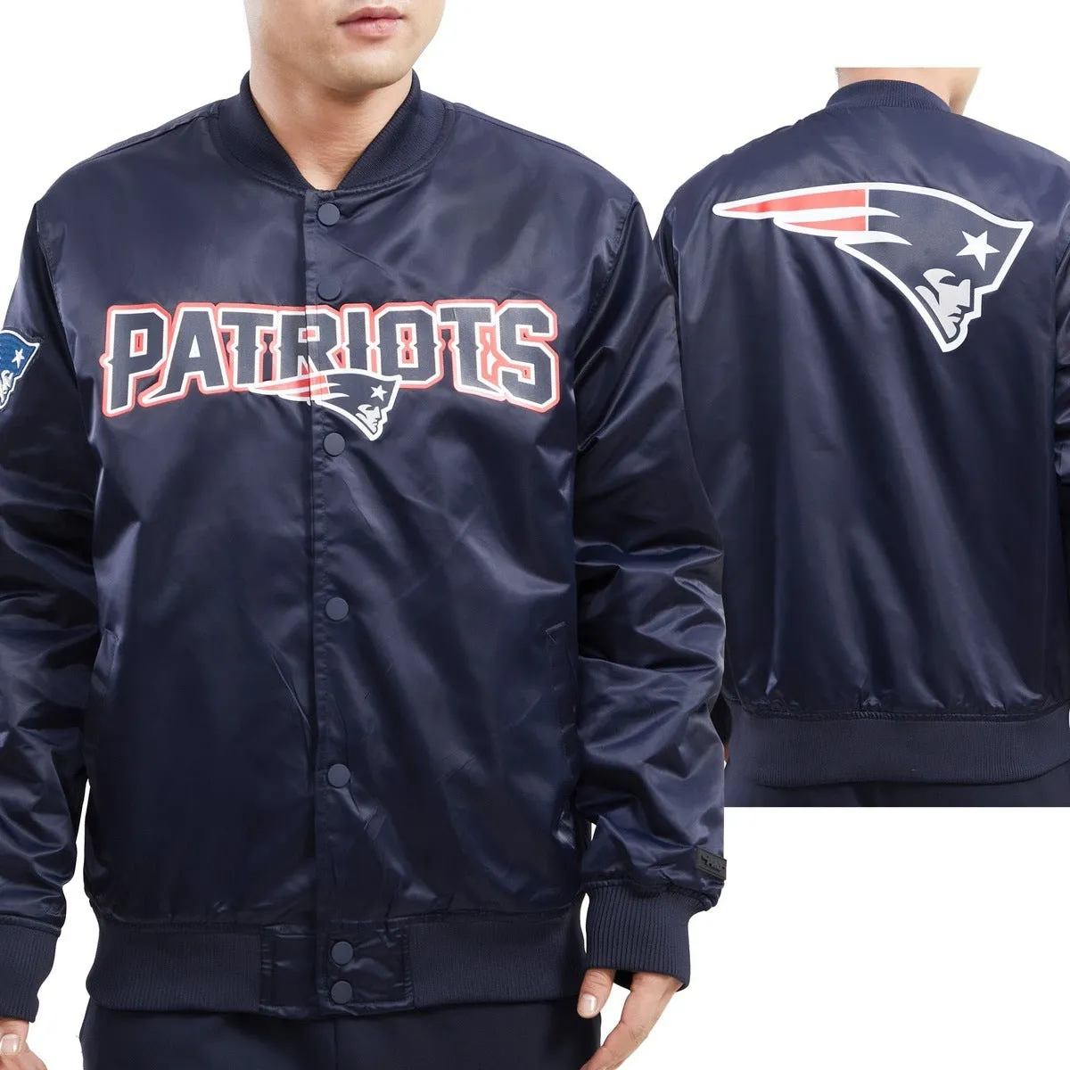 NFL NEW ENGLAND PATRIOTS BIG LOGO MEN'S SATIN JACKET (MIDNIGHT NAVY)