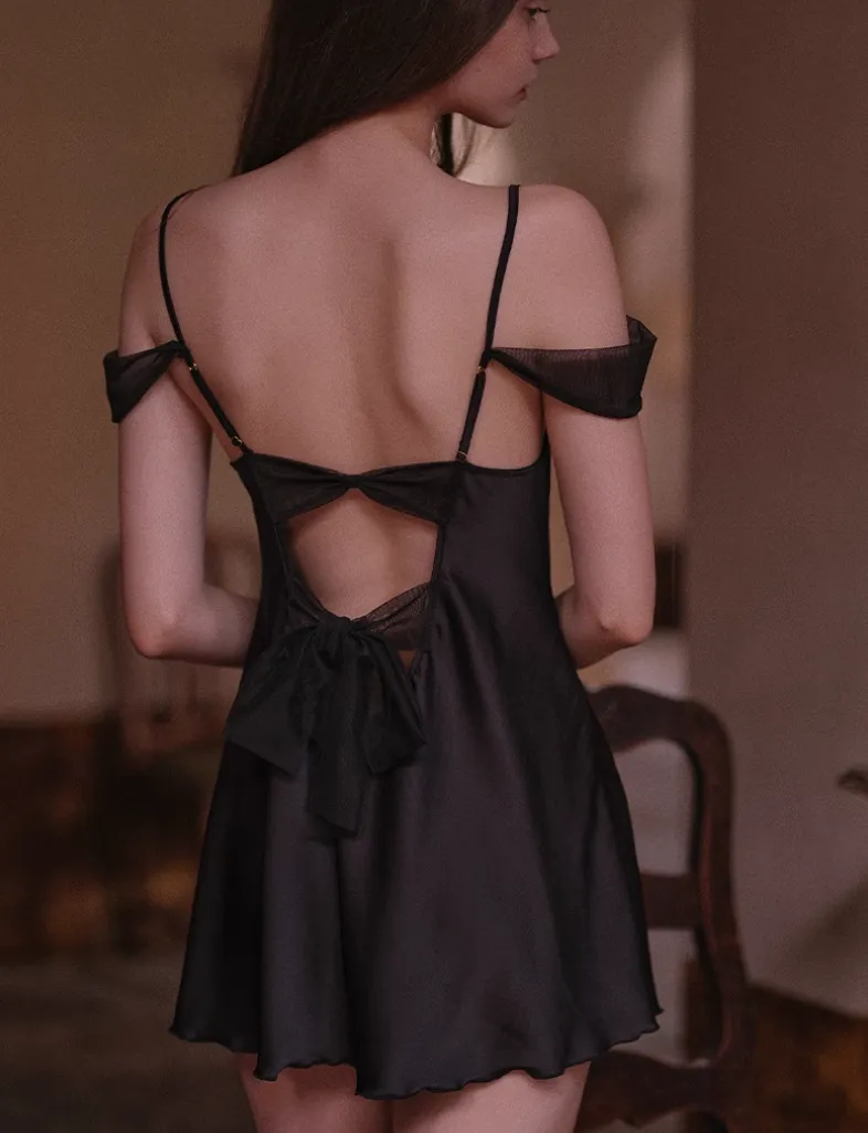 Off Shoulder Black Satin Slip Dress