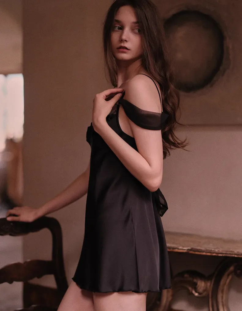 Off Shoulder Black Satin Slip Dress