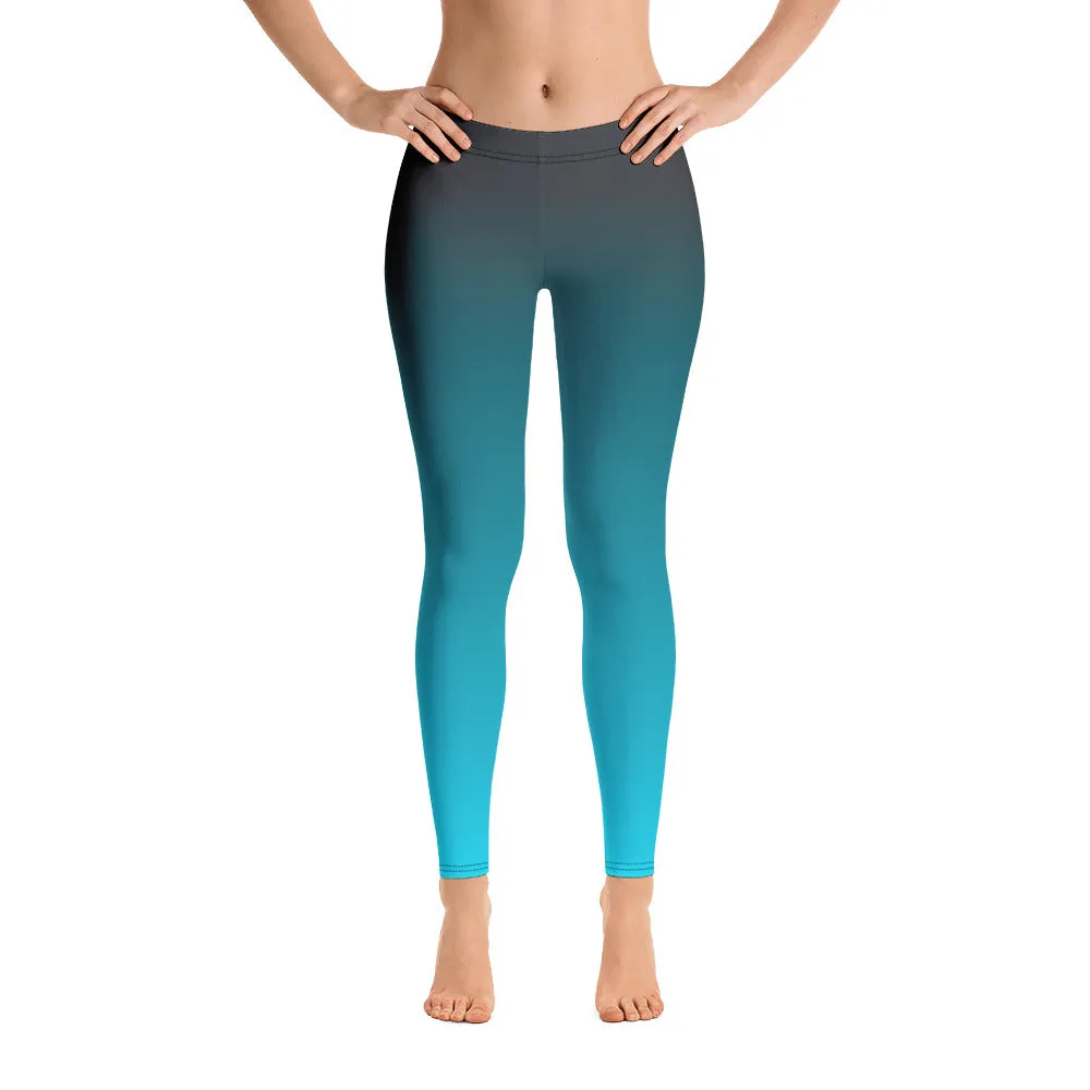 Ombre Teal leggings Women, Gradient Blue Turquoise Green Tie Dye Yoga Pants Soft Athletic Workout Gym Sports Ladies Tights