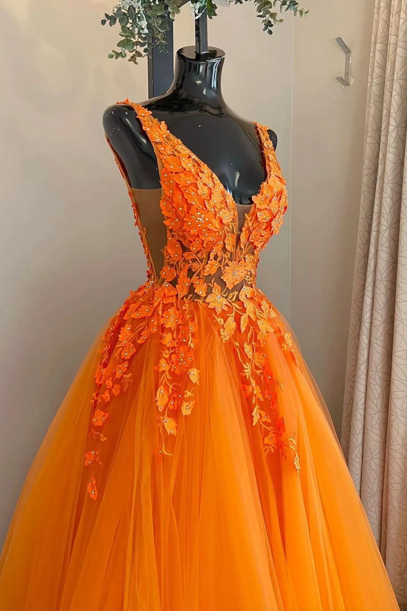 Orange V-Neck Tulle Lace Long Prom Dress, A-Line Backless Evening Dress