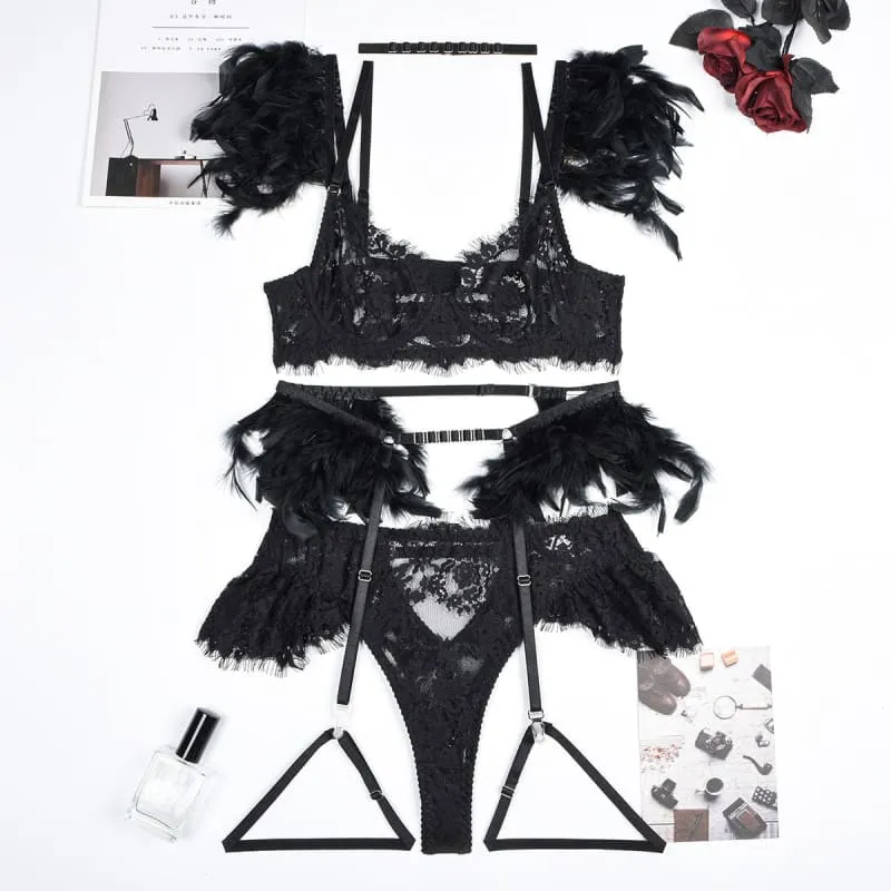 Ornate Feather and Lace Underwear Set for Elegant Lingerie Lovers