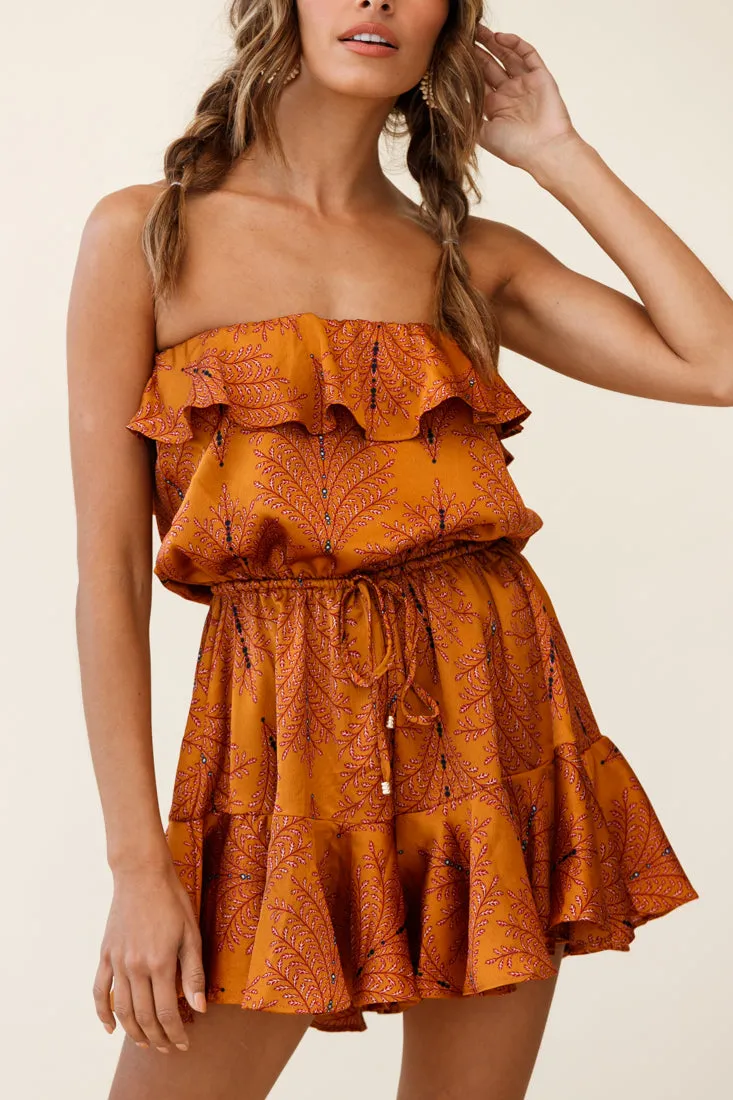 Pasadena Bandeau Tie-Back Romper Leaf Pattern Mustard