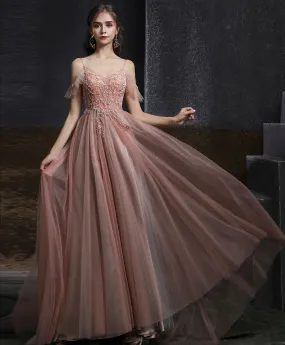 Pink V Neck Tulle Beading Long Prom Dress, Pink Formal Graduation Dresses