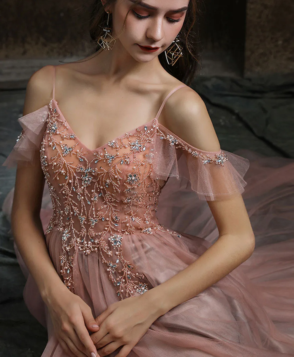 Pink V Neck Tulle Beading Long Prom Dress, Pink Formal Graduation Dresses